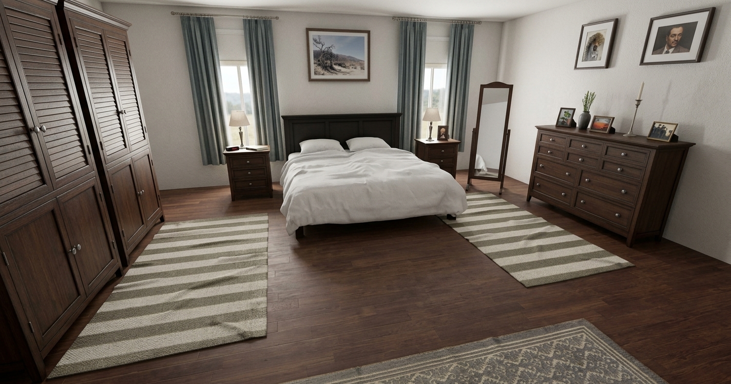 Photoreal Aspect bedroom. Hover or tap furniture for live prices.