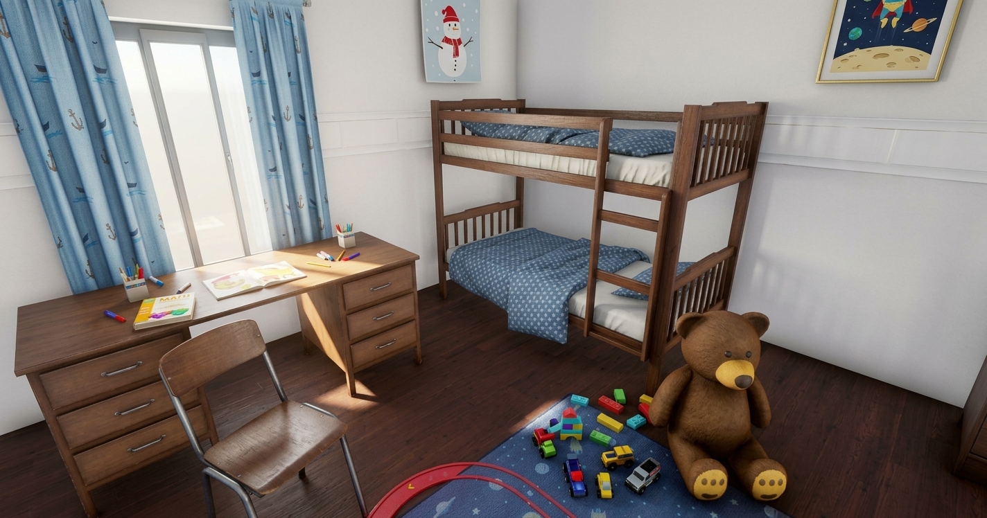Photoreal Aspect kids room. Hover or tap furniture for live prices.