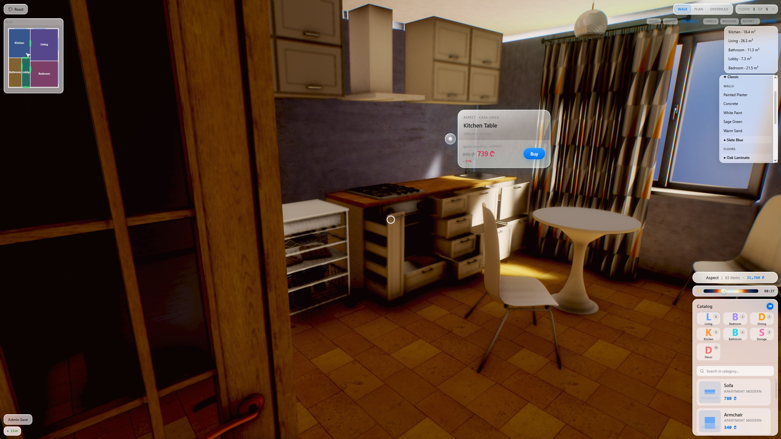 Walkable Aspect kitchen tour at eye level with live UI
