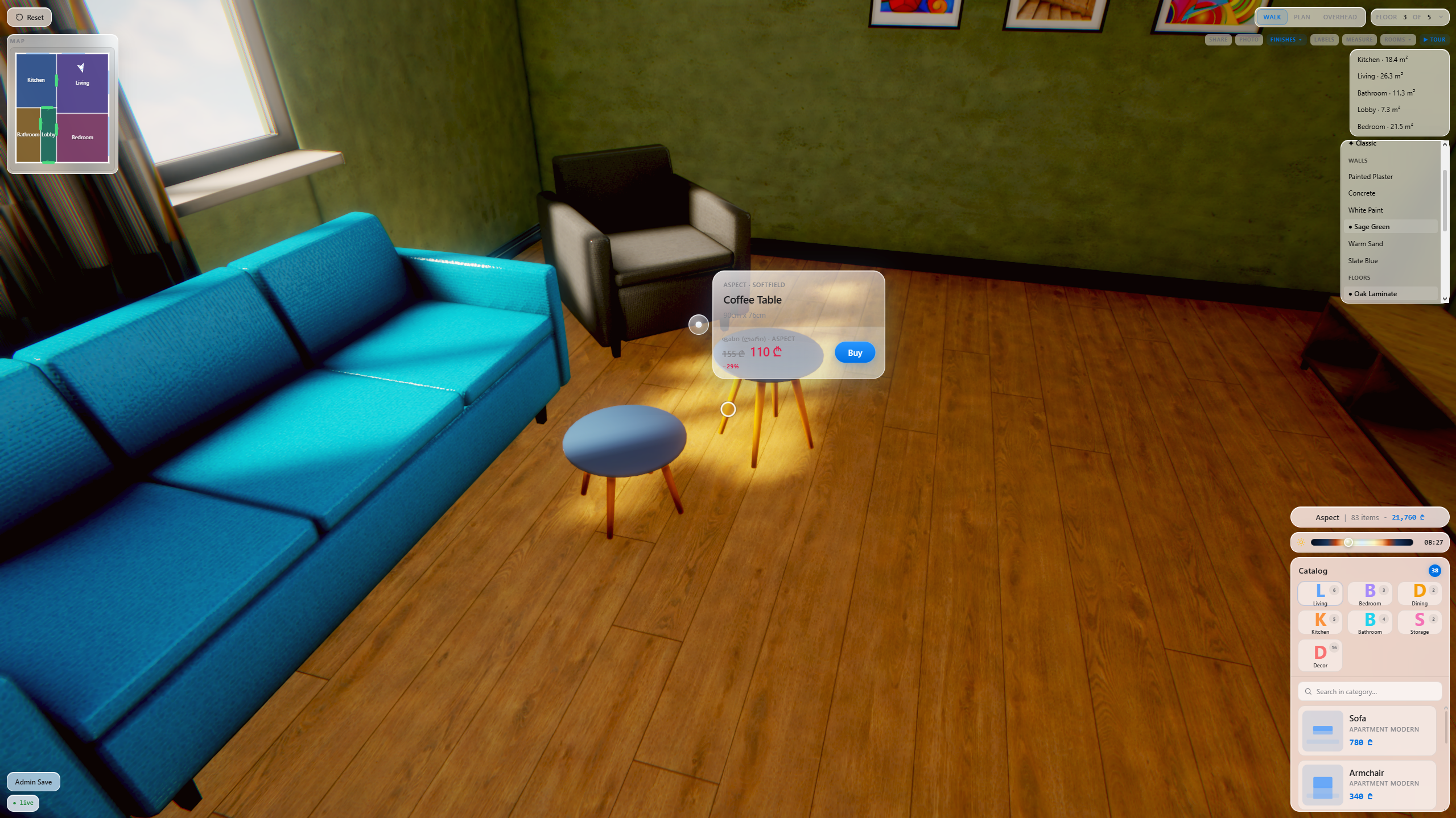 Aspect living room with shoppable coffee table Buy overlay